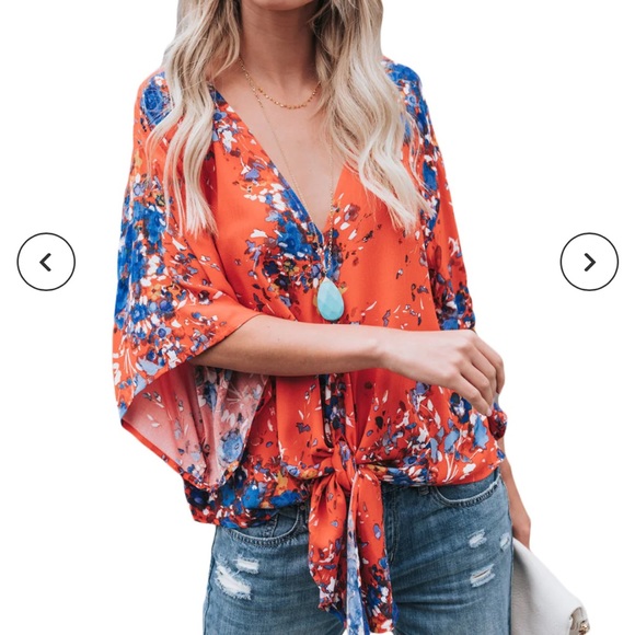 Floral Print Tie Front Kimono Sleeve Blouse - Picture 1 of 4